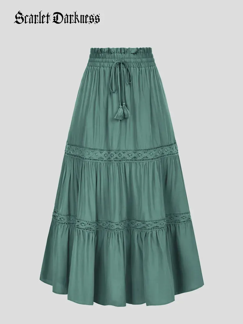 Tiered Swing Elastic Drawstring Waist Flared Maxi Skirt