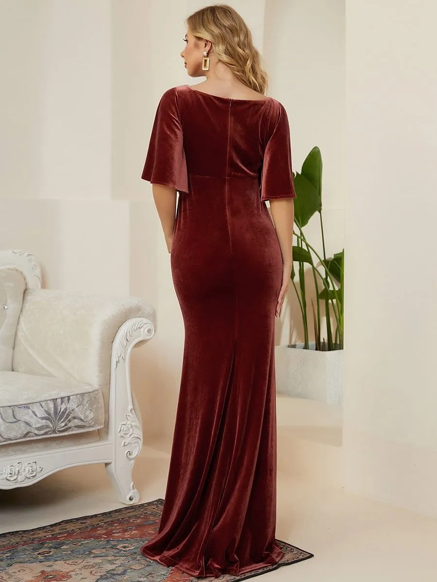 Velvet Short Sleeve Floor-Length Mermaid Bump Friendly Dress