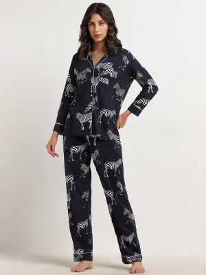 Wunderlove Navy Zebra Printed Cotton Shirt with Pyjamas Set